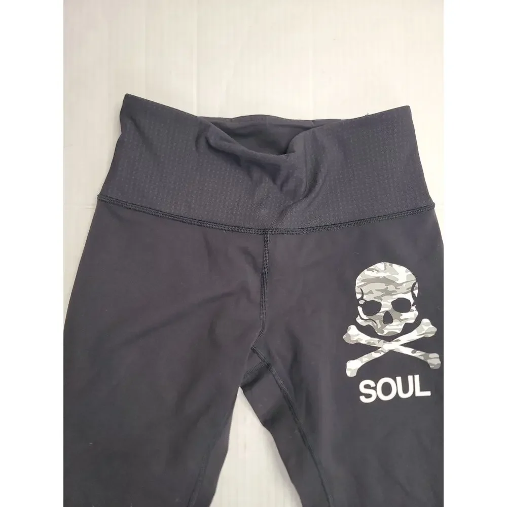 Lululemon Soul Cycle Crop Leggings Sz 8 Black Camo Capri Lace Trim